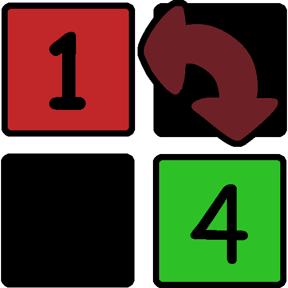 Four squares arranged together, with a red square with a one and a green square with a four that have a red arrow connecting them. The other two squares are blacked out.